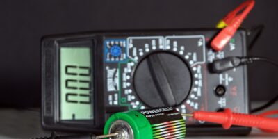 Digitalmultimeter und eine Batterie
